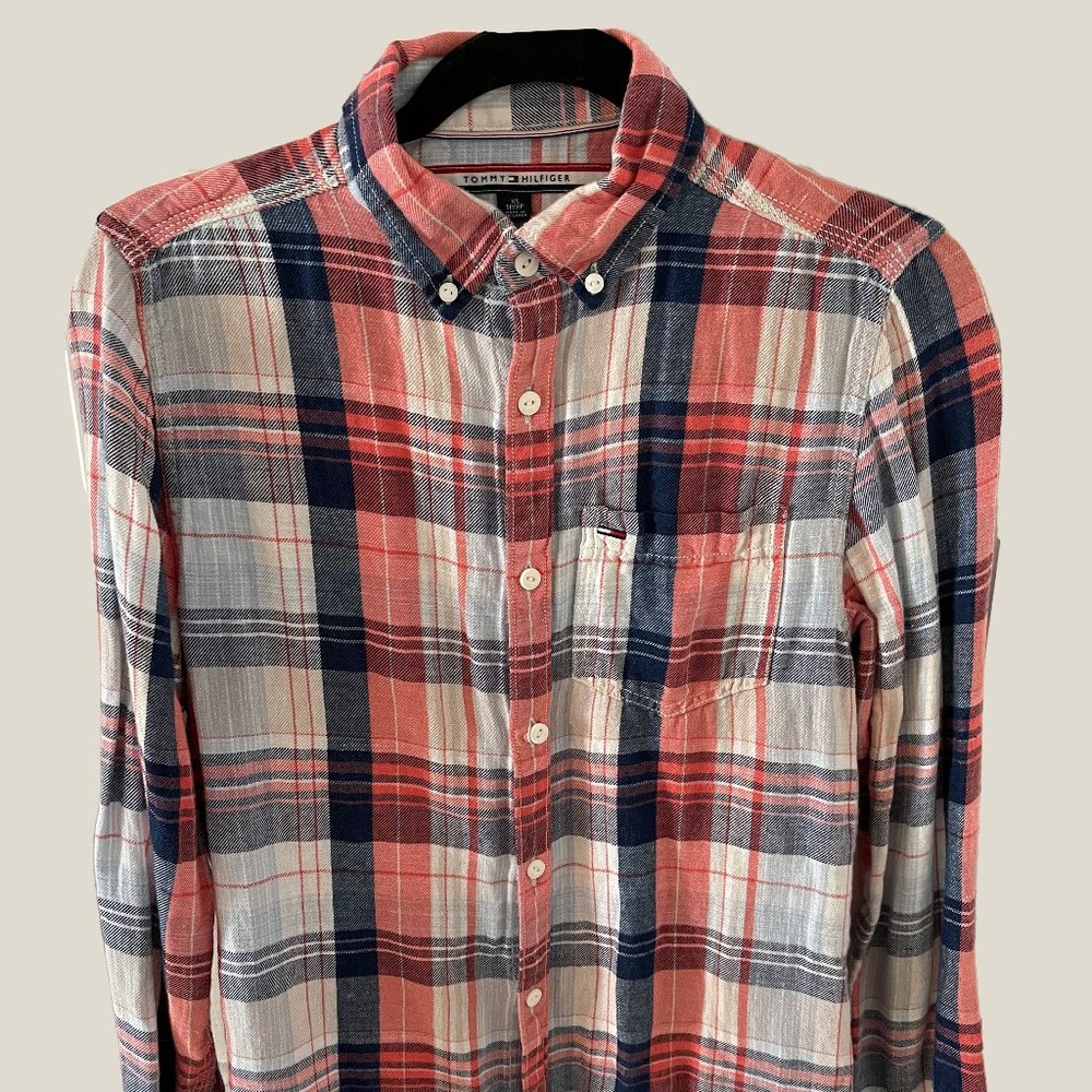 SALE XS TOMMY HILFIGER ORANGE NAVY WHITE PLAID FLANNEL WOVEN SHIRT